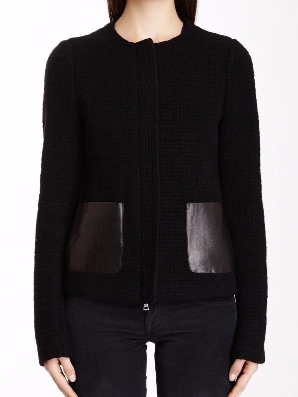 Vince Black Tweed Jacket with Leather Pockets - Women Size 6 (Medium Small) - Picture 2 of 5